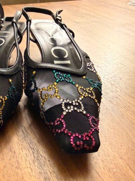 RETAIL $1220 - GUCCI GG MESH CRYSTAL SLINGBACK KITTEN HEEL - 35.5 - Picture 5 of 7